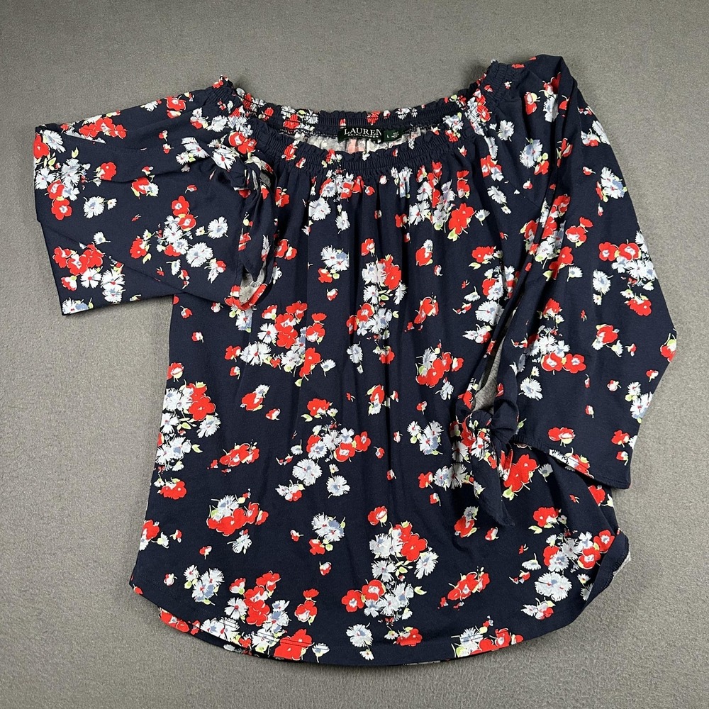 Lauren Ralph‎ Lauren Blouse Womens Large Blue Floral Off Shoulder 3/4 Sleeve